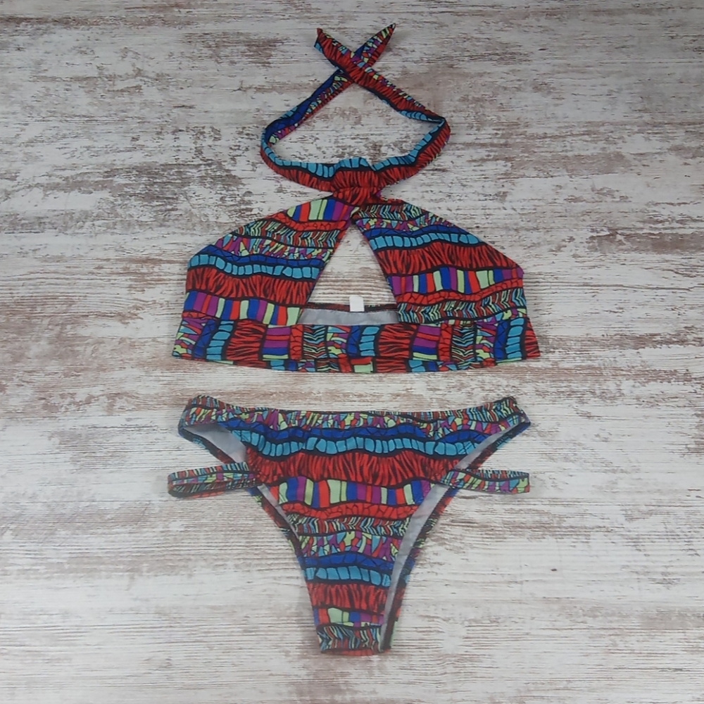 Colorful Cut Out Halter Two Piece Bikini Set